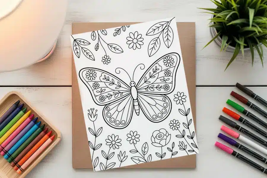 Coloring Page Featuring A Large Butterfly With Floral Details.