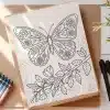 A Coloring Page Featuring An Ornate Butterfly Perched On A Flowering Branch.