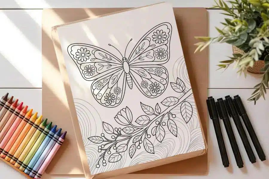 A Coloring Page Featuring An Ornate Butterfly Perched On A Flowering Branch.