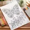 Coloring Page Featuring A Large Butterfly With Floral Details And A Flowering Branch.