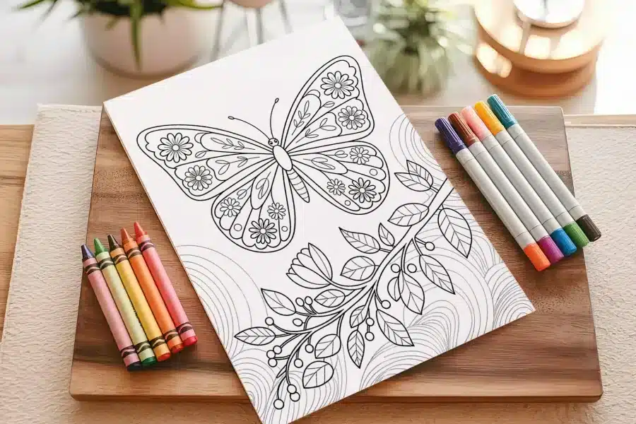 Coloring Page Featuring A Large Butterfly With Floral Details And A Flowering Branch.