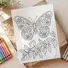 A Coloring Page Featuring A Large Butterfly With Floral Details And A Branch Of Leaves And Berries Below It.