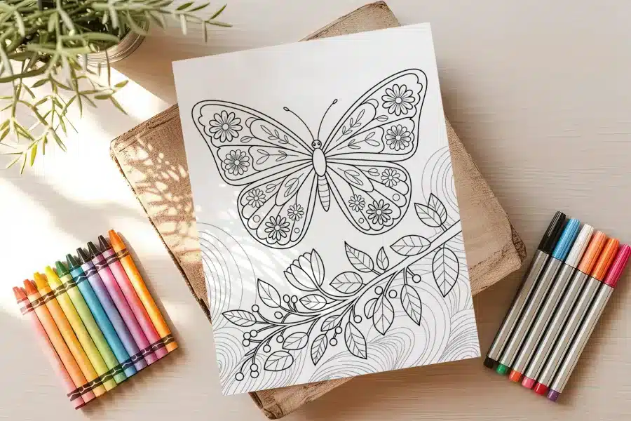 A Coloring Page Featuring A Large Butterfly With Floral Details And A Branch Of Leaves And Berries Below It.