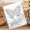 Coloring Page Featuring A Large Butterfly With Floral Details And A Flowering Branch.