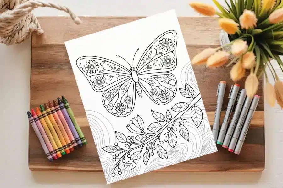 Coloring Page Featuring A Large Butterfly With Floral Details And A Flowering Branch.