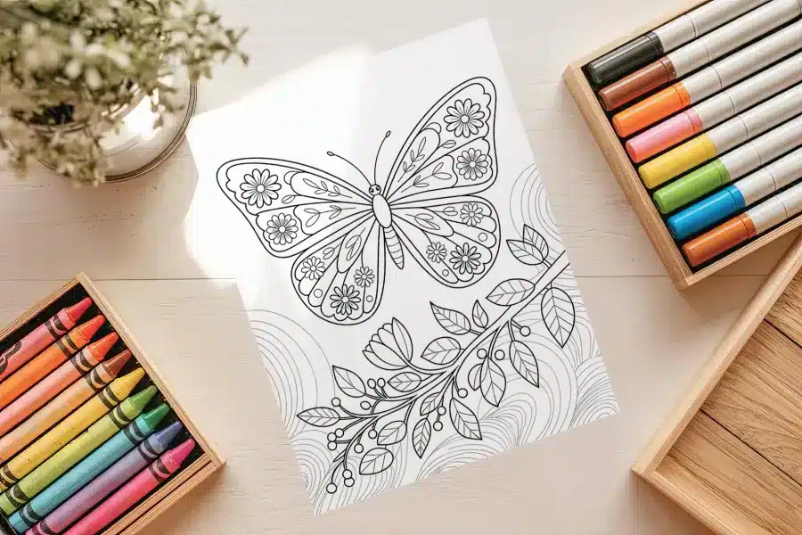 Flutter and Bloom Butterfly Coloring Page - free printable aesthetic adult coloring sheet with floral butterfly and branch