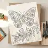 Line Art Coloring Page Featuring A Large Butterfly With Floral Details And A Branch Of Leaves And Berries.