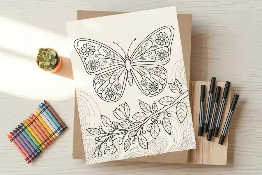 Line art coloring page featuring a large butterfly with floral details and a branch of leaves and berries.