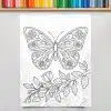 Line Drawing Of A Butterfly With Floral Details On Its Wings, Above A Flowering Branch.
