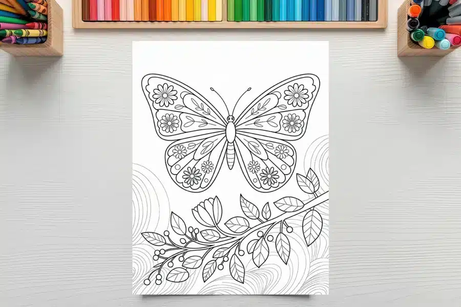 Line Drawing Of A Butterfly With Floral Details On Its Wings, Above A Flowering Branch.
