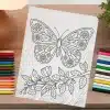 Coloring Page Featuring A Large Butterfly With Floral Details And A Flowering Branch.