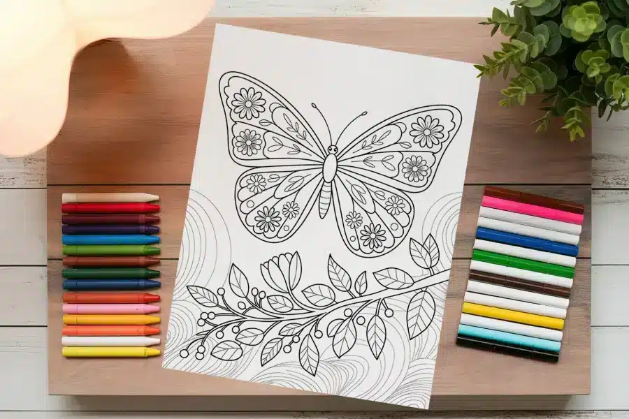 Coloring Page Featuring A Large Butterfly With Floral Details And A Flowering Branch.