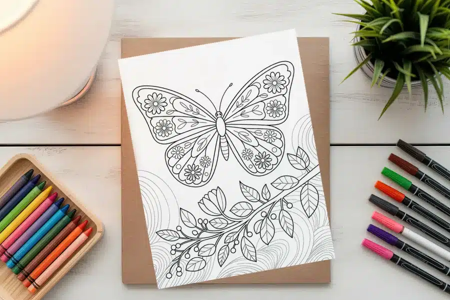 Line Art Coloring Page Featuring A Large Butterfly With Floral Details And A Small Branch With Leaves.