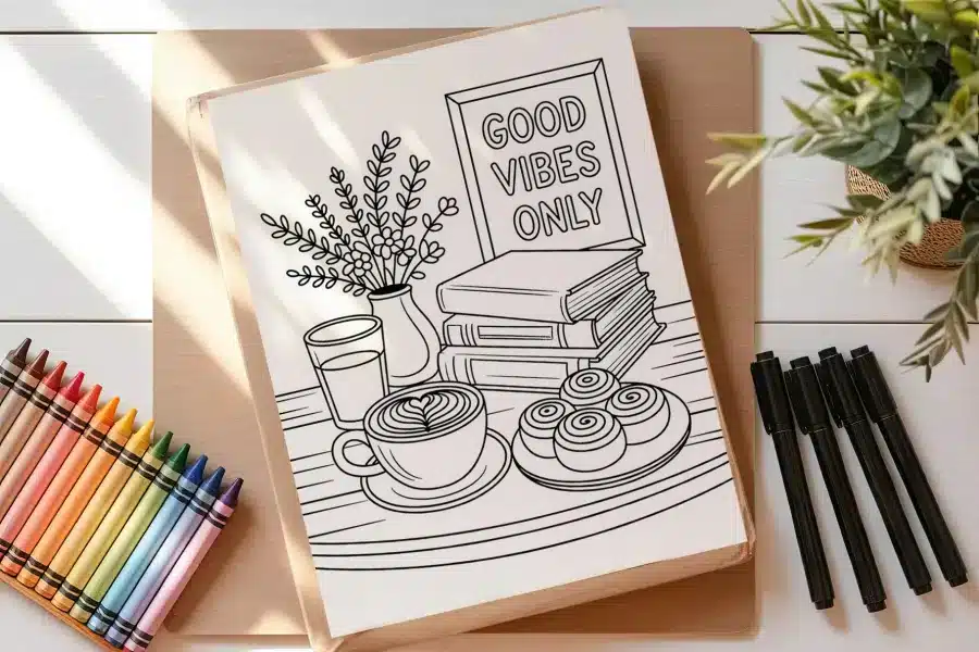 Coloring Page Illustration Of A Cozy Scene With Coffee, Pastries, Books, Flowers, And A Good Vibes Only Sign.
