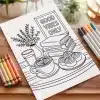 Coloring Page Depicting A Stack Of Books, Coffee, Pastries, Flowers In A Vase, And A Glass Of Milk On A Table.  A Sign Reading Good Vibes Only Is Also Present.
