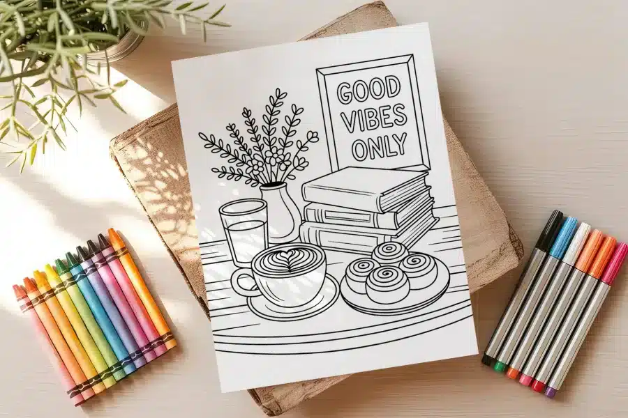 Line Art Coloring Page Depicting A Coffee Cup, Pastries, Books, Flowers, And A Sign That Says Good Vibes Only.