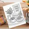 A Coloring Page Depicting A Cozy Scene With Coffee, Pastries, Books, Flowers, And A Sign That Says Good Vibes Only.