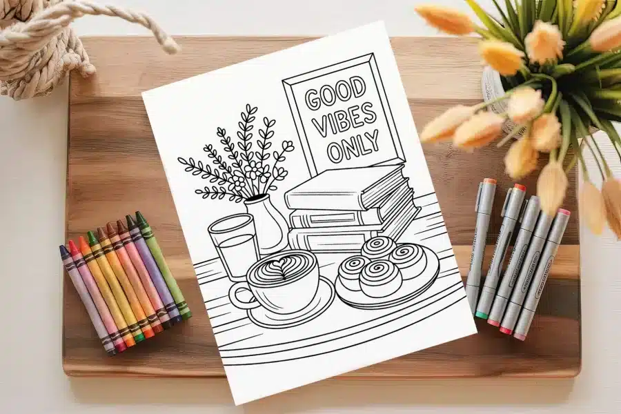 A Coloring Page Depicting A Cozy Scene With Coffee, Pastries, Books, Flowers, And A Sign That Says Good Vibes Only.