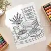 Good Vibes Coffee Table Coloring Page - Free Printable Aesthetic Adult Coloring Sheet With Coffee, Books, And Positive Quote