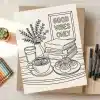 A Coloring Page Depicting A Cozy Scene With Coffee, Pastries, Books, Flowers, And A Sign That Says Good Vibes Only.