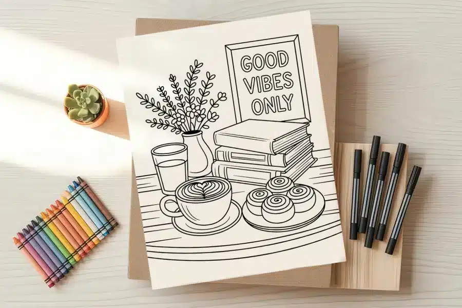 A coloring page depicting a cozy scene with coffee, pastries, books, flowers, and a sign that says Good Vibes Only.