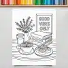 Line Drawing Coloring Page Depicting A Coffee Cup, Pastries, Books, Flowers, And A Sign That Says Good Vibes Only.
