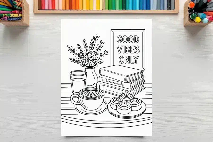 Line Drawing Coloring Page Depicting A Coffee Cup, Pastries, Books, Flowers, And A Sign That Says Good Vibes Only.