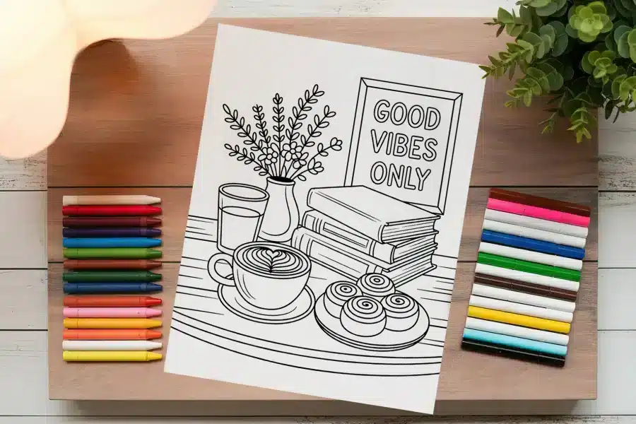 A Coloring Page Depicting A Stack Of Books, A Cup Of Coffee, Pastries, A Vase Of Flowers, And A Sign Reading Good Vibes Only.