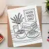 A Coloring Page Depicting A Cozy Scene With A Cup Of Coffee, Pastries, Books, Flowers, And A Sign That Says Good Vibes Only.