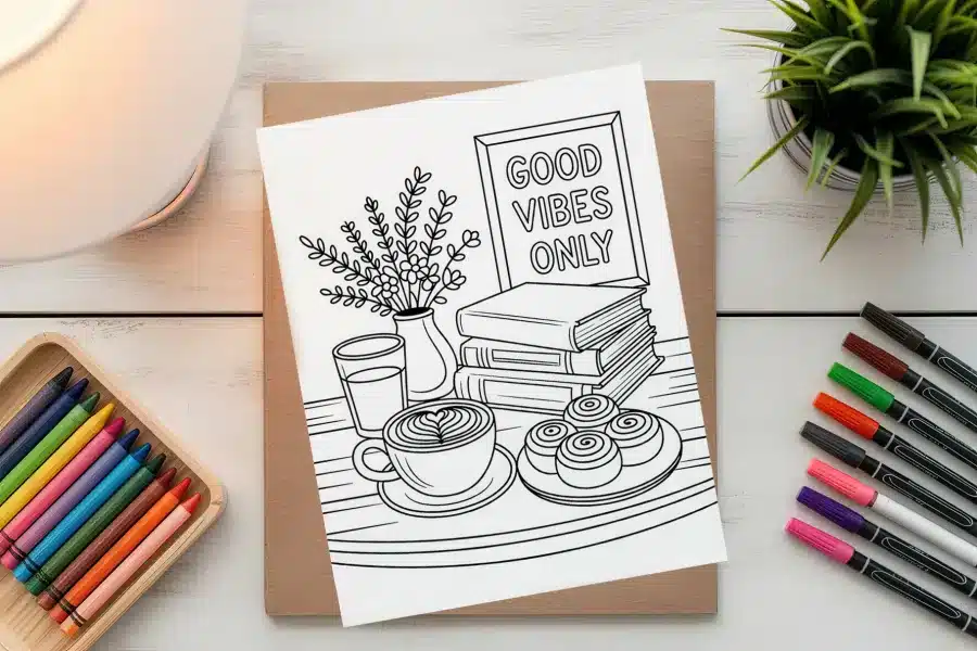 A Coloring Page Depicting A Cozy Scene With A Cup Of Coffee, Pastries, Books, Flowers, And A Sign That Says Good Vibes Only.