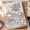A Coloring Page Depicting A Steaming Coffee Cup, Pastries, A Vase Of Flowers, And Books, With A Sign Reading Good Vibes Only.