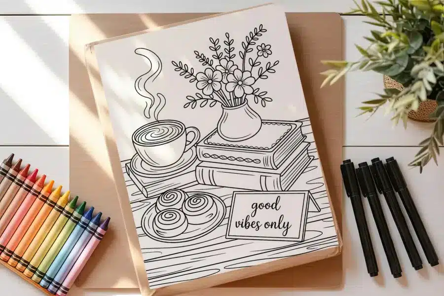 A Coloring Page Depicting A Steaming Coffee Cup, Pastries, A Vase Of Flowers, And Books, With A Sign Reading Good Vibes Only.