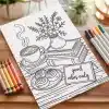 A Coloring Page Depicting A Steaming Cup Of Coffee, Pastries, A Vase Of Flowers, And Stacked Books On A Wooden Table.  A Sign Reads Good Vibes Only.
