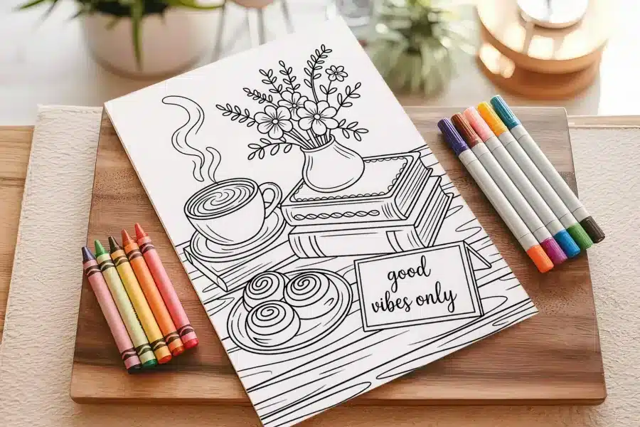 A Coloring Page Depicting A Steaming Cup Of Coffee, Pastries, A Vase Of Flowers, And Stacked Books On A Wooden Table.  A Sign Reads Good Vibes Only.
