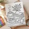 Adult Coloring Page Featuring A Steaming Coffee Cup, Pastries, A Vase Of Flowers, And Stacked Books On A Wooden Surface.  The Phrase Good Vibes Only Is Also Included.
