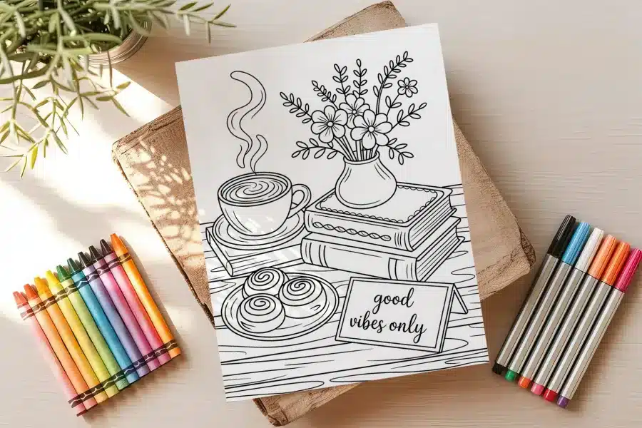 Adult Coloring Page Featuring A Steaming Coffee Cup, Pastries, A Vase Of Flowers, And Stacked Books On A Wooden Surface.  The Phrase Good Vibes Only Is Also Included.