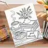 A Coloring Page Depicting A Steaming Cup Of Coffee, Pastries, Flowers In A Vase, And Books On A Table, With A &Quot;Good Vibes Only&Quot; Sign.