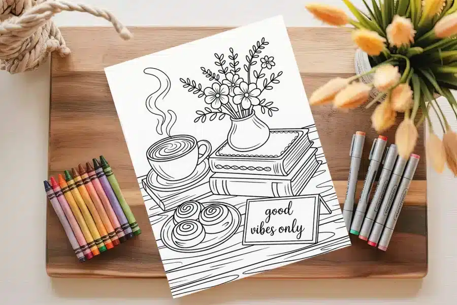 A Coloring Page Depicting A Steaming Cup Of Coffee, Pastries, Flowers In A Vase, And Books On A Table, With A &Quot;Good Vibes Only&Quot; Sign.