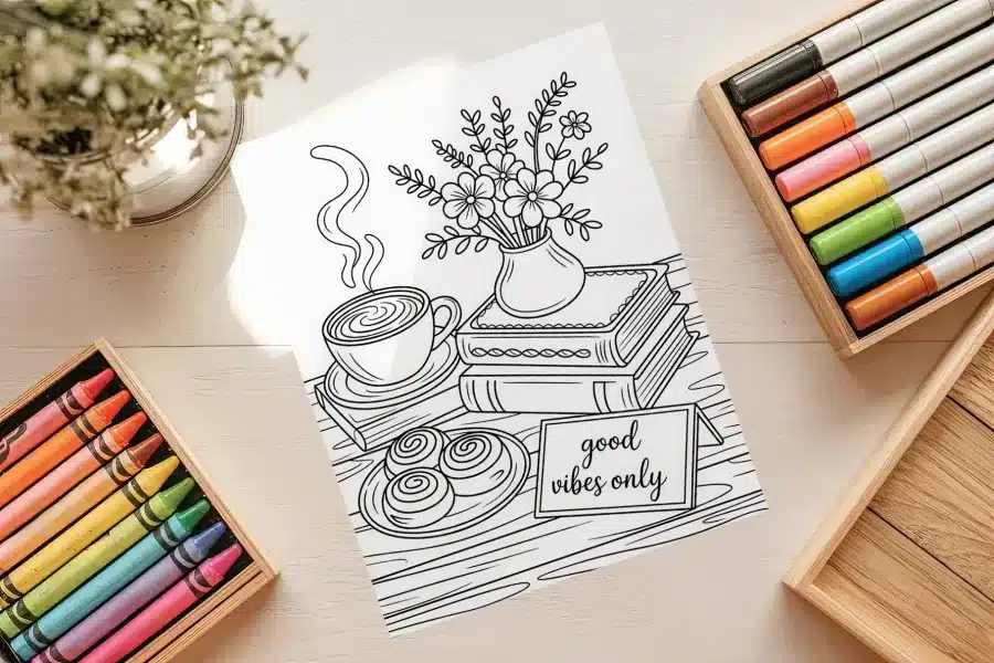 Good Vibes Only Books Coloring Page - free printable aesthetic adult coloring sheet with coffee, books, sweets, and positive quote