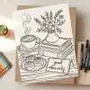 Line Art Coloring Page Depicting A Cup Of Coffee, Pastries, Books, Flowers In A Vase, And A Sign Reading Good Vibes Only.