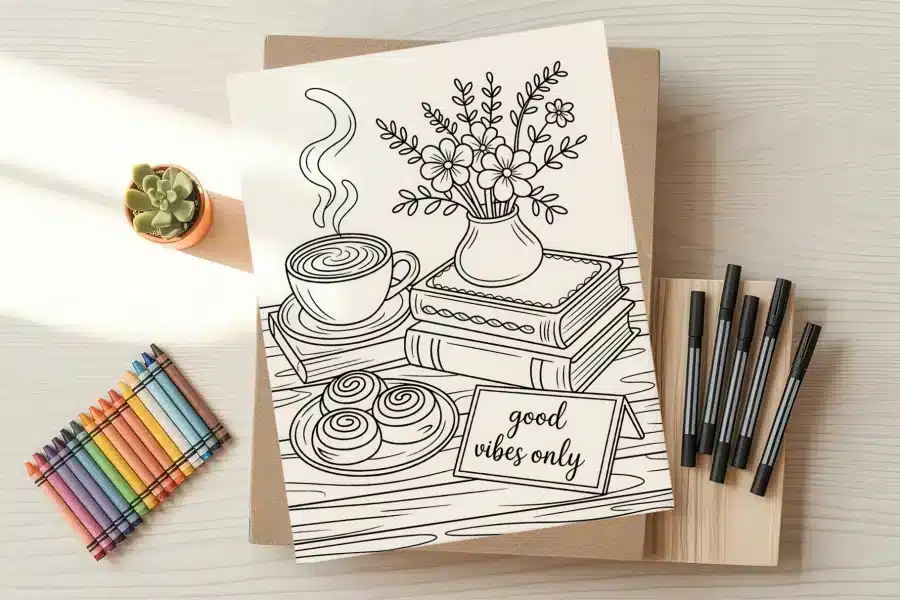Line art coloring page depicting a cup of coffee, pastries, books, flowers in a vase, and a sign reading good vibes only.
