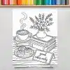Line Art Coloring Page Depicting A Steaming Cup Of Coffee, Pastries, A Vase Of Flowers, And Books On A Table With A &Quot;Good Vibes Only&Quot; Sign.