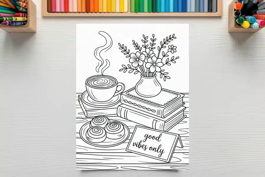 Line Art Coloring Page Depicting A Steaming Cup Of Coffee, Pastries, A Vase Of Flowers, And Books On A Table With A &Quot;Good Vibes Only&Quot; Sign.