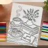A Coloring Page Depicting A Steaming Cup Of Coffee, Pastries, A Flower Vase, And Stacked Books On A Table.  A Small Sign Reads Good Vibes Only.