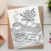 A Coloring Page Depicting A Steaming Cup Of Coffee, Pastries, A Vase Of Flowers On A Stack Of Books, And A Sign That Says Good Vibes Only.