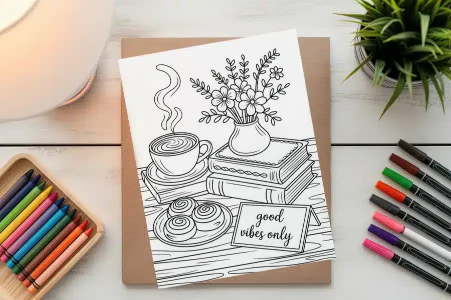 A Coloring Page Depicting A Steaming Cup Of Coffee, Pastries, A Vase Of Flowers On A Stack Of Books, And A Sign That Says Good Vibes Only.