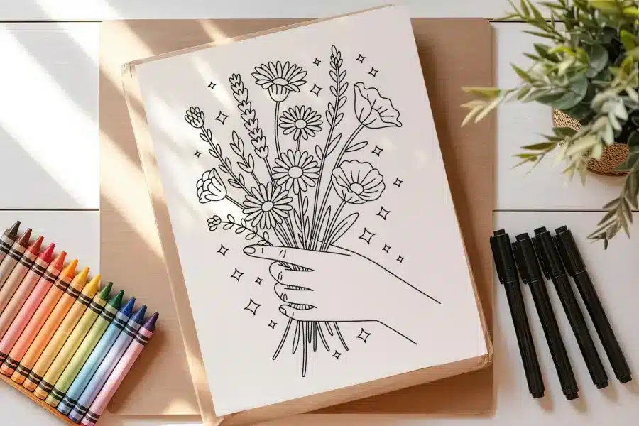 Line Drawing Of A Hand Holding A Bouquet Of Flowers.