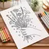 Line Drawing Of A Hand Holding A Bouquet Of Flowers.