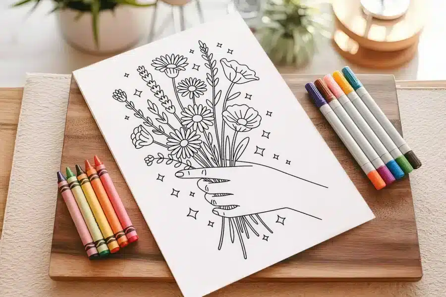 Line Drawing Of A Hand Holding A Bouquet Of Flowers.
