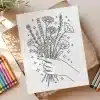 Line Drawing Of A Hand Holding A Bouquet Of Flowers.